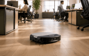 A robot vacuum cleans a sunlit modern office while staff works quietly in the background