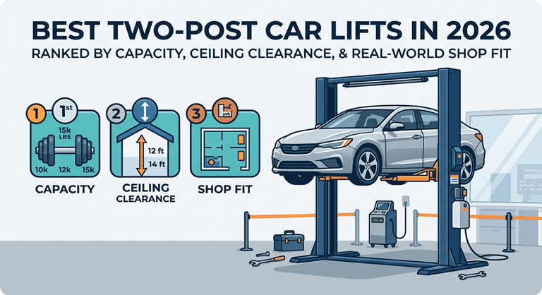 Best Two-Post Car Lifts in 2026 Ranked by Capacity, Ceiling Clearance, and Real-World Shop Fit