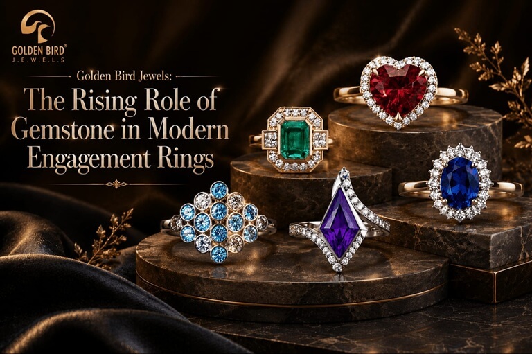 Colorful gemstone engagement rings showcasing sapphire, emerald, ruby and amethyst designs by Golden Bird Jewels