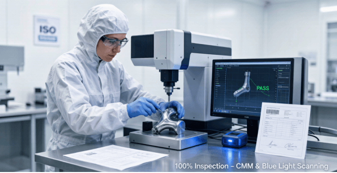 A technician in cleanroom suit operating a coordinate measuring machine to inspect a titanium medical implant, with measurement data displayed on screen and inspection report on table.