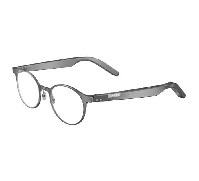 Three-quarter view of gray Dymesty Jobs Circle camera-free titanium AI glasses with round clear lenses