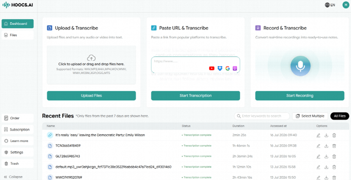 Upload a local audio file or paste a public link from YouTube