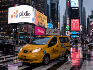 Pixlio’s brand elements naturally fused into a rainy New York street view using Pixlio AI Image Combiner