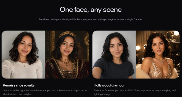 Renoise Canvas comparing realistic face swap video scene.
