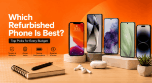 Best refurbished phones for every budget displayed against an orange background.