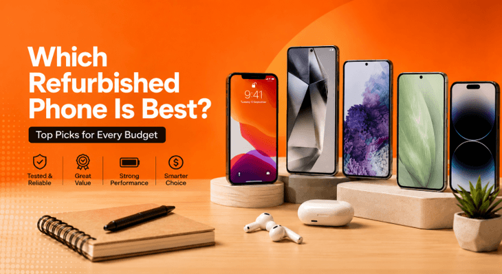 Best refurbished phones for every budget displayed against an orange background.