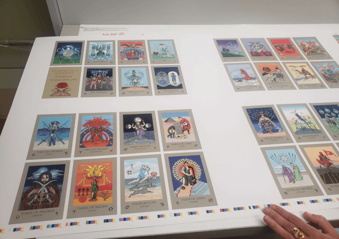 A pre-production proof sheet for checking card sequence, color, and print details