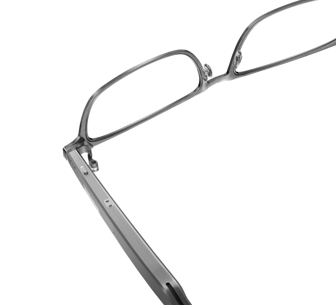 Dymesty titanium AI glasses close-up showing the frame and smart components