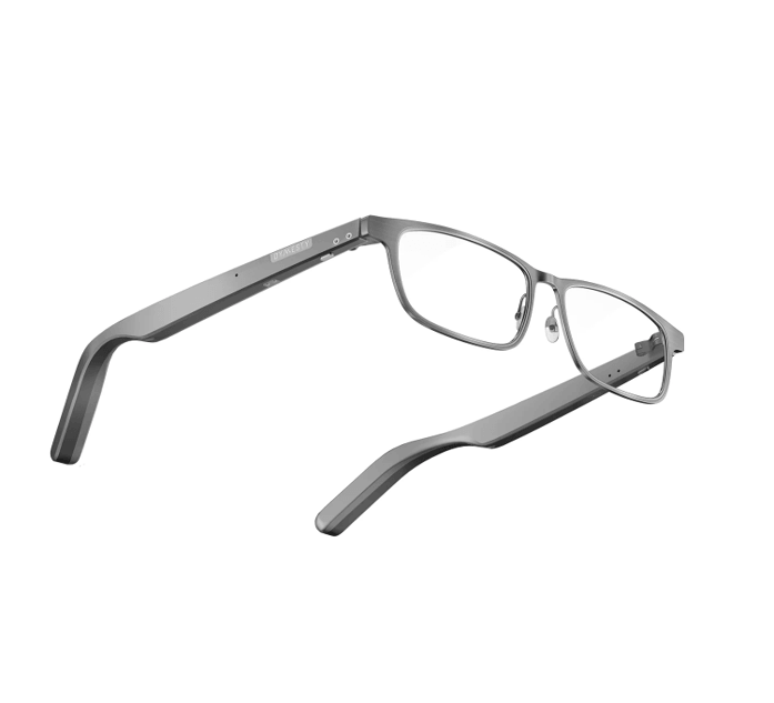 Dymesty titanium AI glasses displayed in a three-quarter view on a white background
