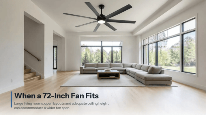72-inch ceiling fan installed in a large living room with high ceilings