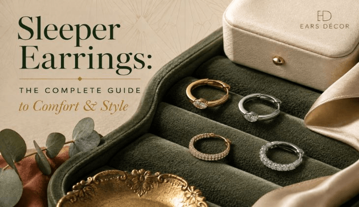 Sleeper earrings guide featuring gold and silver hoop earrings in a luxury jewelry box
