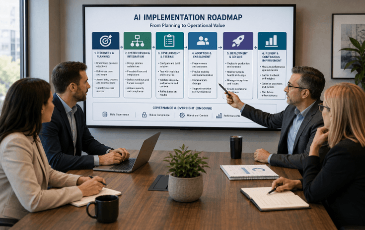 Business team reviewing an AI implementation plan with a consultant