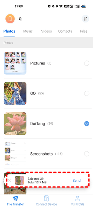 click “Send” to start the transfer.