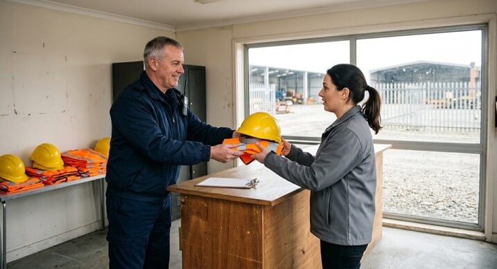 A security guard handing a visitor a hard hat and safety vest at a site gatehouse