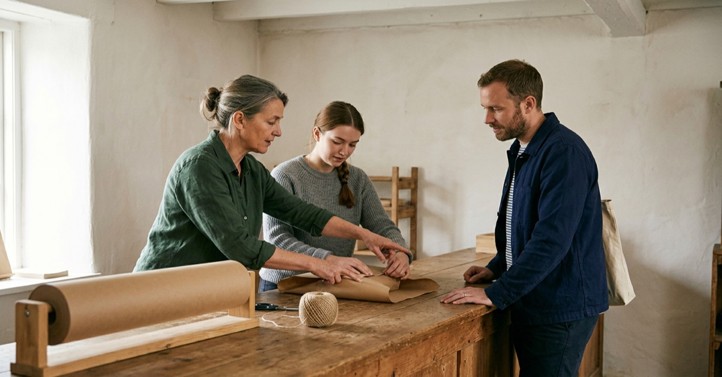 A shop owner showing a new employee how to wrap a purchase at the counter