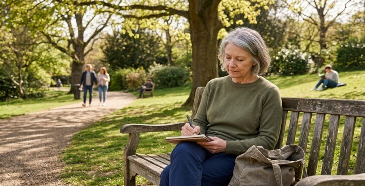 An older woman writing a short list in a notebook on a park bench