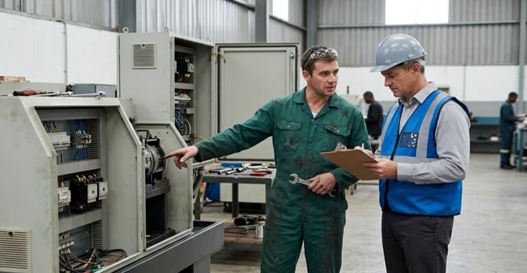 A maintenance technician and plant manager discussing a stopped machine on a factory floor
