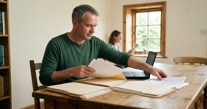 A man sorting paper documents into folders at a dining table
