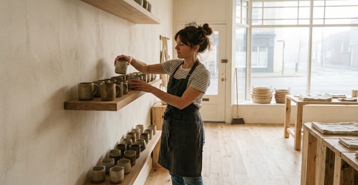 A small shop owner arranging handmade mugs on wooden shelves before opening