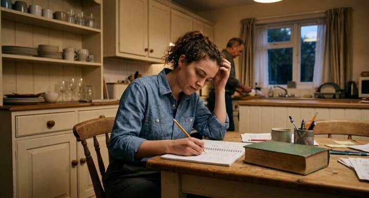 A young electrician working through a calculation in a notebook at a kitchen table