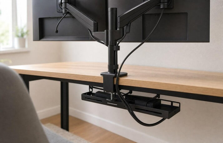 The clamp bites the last few inches of the top. Everything that makes the setup wobble or sag happens in that strip, not up at the screens.