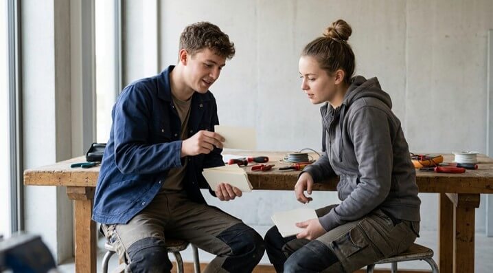 Two electrical apprentices quizzing each other with flashcards at a workshop table