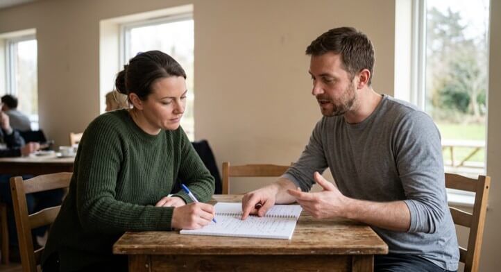 Two team volunteers planning together over a notebook at a cafe table