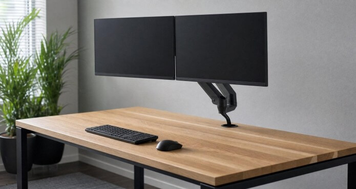 With the screens on an arm, the back half of the desk stays clear. On a stand, that space belongs to the stand's foot.