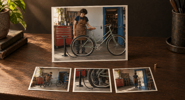 a bicycle-workshop scene and physical shot cards introduce the sequence review.